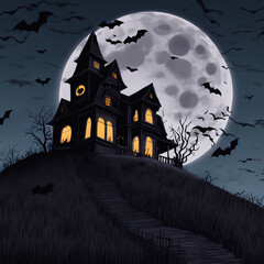 Creepy Haunted House with Full Moon, Bats Flying Overhead, Night, Horror, Halloween