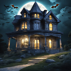 Fototapeta na wymiar Creepy Haunted House with Full Moon, Bats Flying Overhead, Night, Horror, Halloween