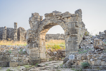 Aspendos Ancient City. Aspendos acropolis city ruins, cisterns, aqueducts and old temple. Aspendos Antalya Turkey. turkiye