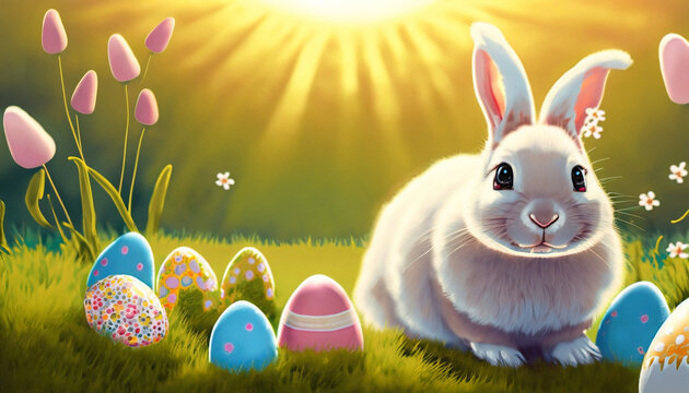 Cute Easter bunny on a meadow surrounded by Easter eggs