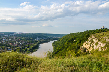 Fototapeta na wymiar View of the Dnister river bend canyon near Zalishchyky city, Ternopil region, Ukraine, Europe.