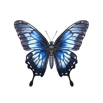 Dark blue butterfly isolated on white background in watercolor style.