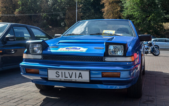 Classic car Blue Nissan Silvia S12 Hatchback 1986 at exhibition of retro cars 