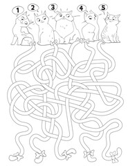 Tangled maze of cat tails. Maze for children. Educational game for kids. Attention task. Choose right path. Funny cartoon character. Coloring book. Worksheet page. Vector illustration