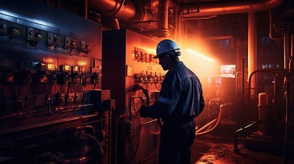 Technician checking industrial machine generator equipment. AI generated image - obrazy, fototapety, plakaty