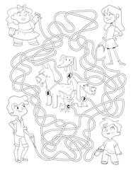 Maze for children. Kids walking their dogs. Educational game for kids. Attention task. Choose right path. Funny cartoon character. Coloring book. Worksheet page. Vector illustration