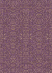 Hand-drawn unique abstract symmetrical seamless gold ornament on a purple background. Paper texture. Digital artwork, A4. (pattern: p11-1e)