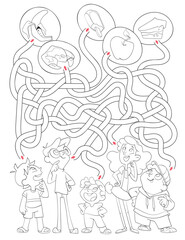 Maze for children. Kids choose their favorite food. Educational game for kids. Attention task. Choose right path. Funny cartoon character. Coloring book. Worksheet page. Vector illustration