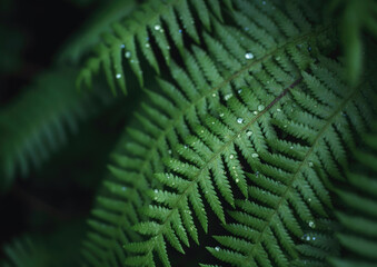 Extreme close up of a silver green fern leaf branch in a beautiful forest setting, with a dark background, shot on a macro lens