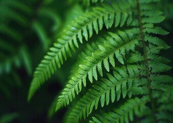 Fototapeta na wymiar Extreme close up of a silver green fern leaf branch in a beautiful forest setting, with a dark background, shot on a macro lens