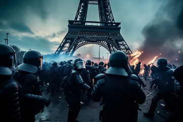 Violent confrontation between police and protesters under Eiffel Tower in Paris, France. Revolution concept.