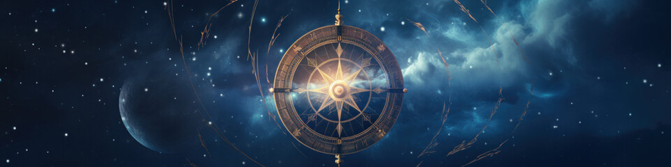 Compass pointing to goals against illuminated beautiful space - obrazy, fototapety, plakaty