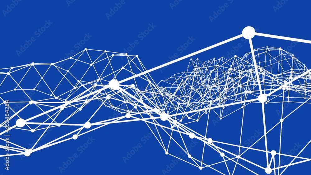 Poster blue background or splash screen for montage made of white polygonal lines and dots. dynamic grid. r