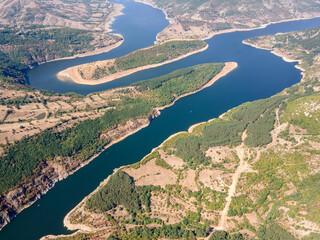 Aerial view of Kardzhali Reservoir meanders, Bulgaria