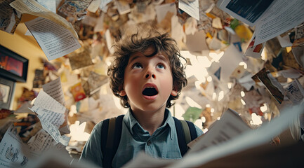 surprised young boy in front of poster board with sticky notes, in the style of vintage academia,