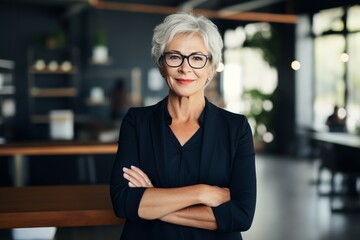 Portrait of confident mature businesswoman standing with arms crossed in office - obrazy, fototapety, plakaty