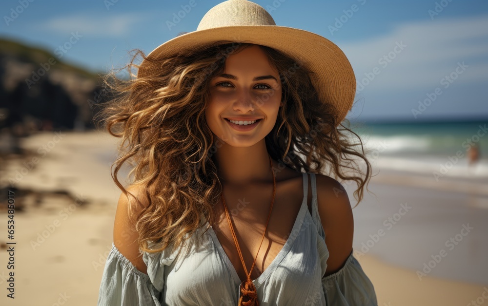 Wall mural beautiful smiling woman wearing straw hat on beach by the sea. generative ai