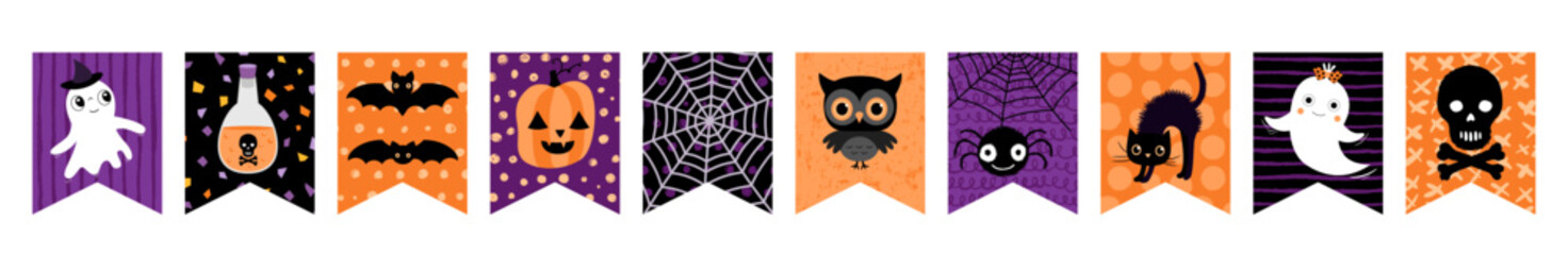 Cute Halloween Party Bunting Garland Decoration, Spooky Holiday Banner Design with Ghost, Pumpkin, Bat and Spider in Orange, Black and Purple for Kids Designs and Invitation Backgrounds
