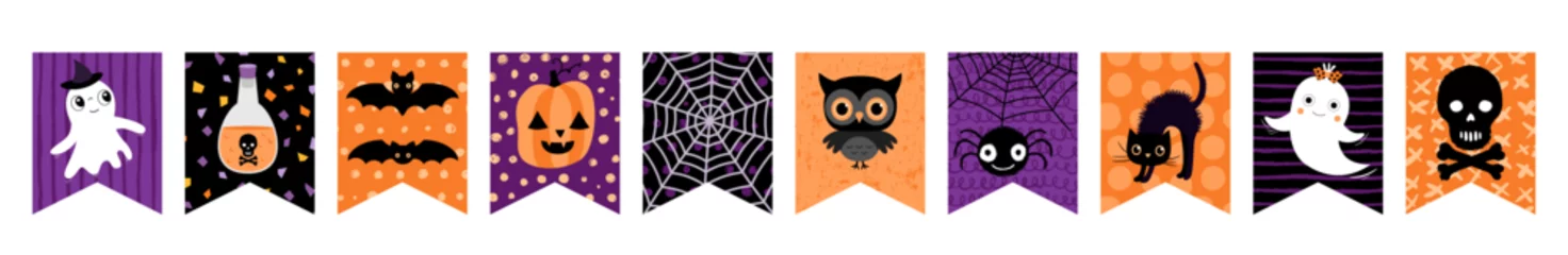 Fototapete Eulen-Cartoons Cute Halloween Party Bunting Garland Decoration, Spooky Holiday Banner Design with Ghost, Pumpkin, Bat and Spider in Orange, Black and Purple for Kids Designs and Invitation Backgrounds