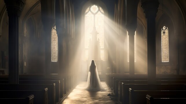 Bride In The Church Under The Rays Of The Sun Coming Through The Window