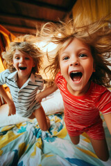 Happy children jumping on a bed. Generative AI