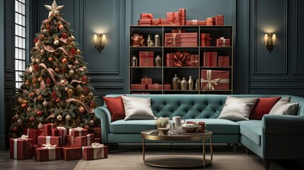 A cozy living room lighted with numerous lights decorated ready to celebrate Christmas. Christmas room interior design, Xmas tree decorated by lights, candles and garland lighting indoors fireplace. - obrazy, fototapety, plakaty