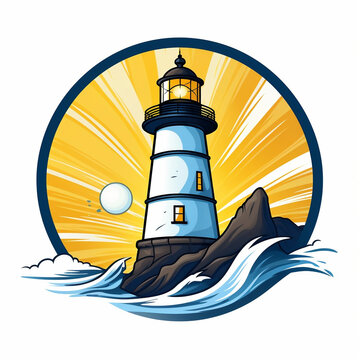 Logo, a close-up maritime lighthouse on the island, white and blue color, yellow light beam created with generative ai