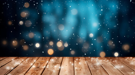 Christmas background bokeh lights and falling snow on a rustic wooden desk - Snowy podium empty blank - Card for Christmas or New Year holiday - Copy space.