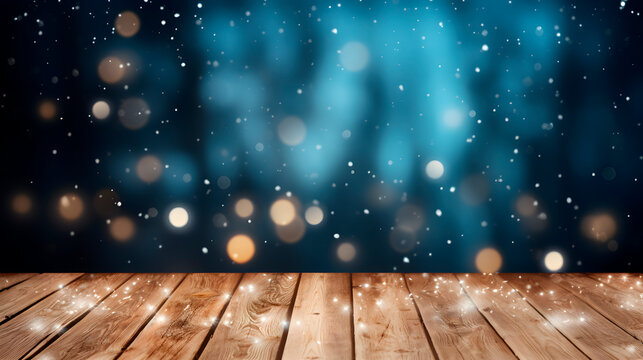 Merry christmas Wooden empty podium with a bokeh background 