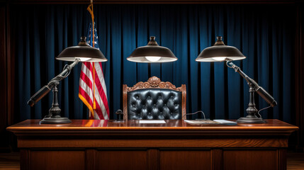 Fototapeta na wymiar Empty American Style Courtroom. Supreme Court of Law and Justice Trial Stand. Courthouse Before Civil Case Hearing Starts. Grand Wooden Interior with Judges Bench, Defendants and Plaintiffs Tables.