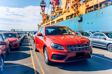 Global business logistics import export of cars. Cargo ship loading in port. Transport industry concept