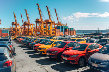Fototapeta na wymiar Global business logistics import export of cars. Cargo ship loading in port. Transport industry concept