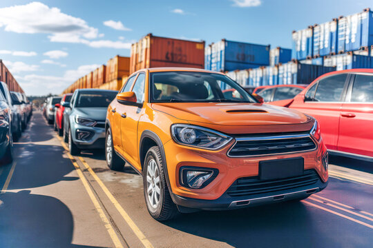 Global business logistics import export of cars. Cargo ship loading in port. Transport industry concept