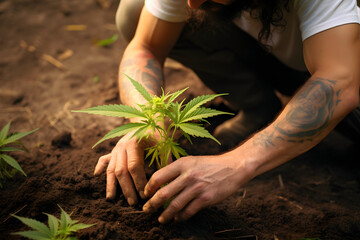  farmer planting cannabis plant in ground concept farm marijuana plantation 