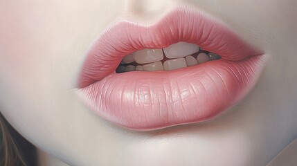 Close-up of woman with beautiful pink lips, white teeth visible