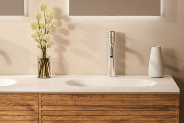 Close up of double basin with mirrors standing in on beige wall , wooden cabinet with faucets in...
