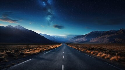 The road leads into a mountain valley. In the sky, the Milky Way and clouds appeared, looking beautiful.