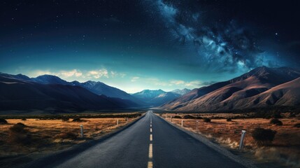 The road leads into a mountain valley. In the sky, the Milky Way and clouds appeared, looking beautiful. - obrazy, fototapety, plakaty