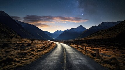 The road leads into a mountain valley. In the sky, the Milky Way and clouds appeared, looking beautiful. - obrazy, fototapety, plakaty