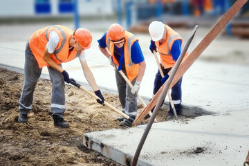 Three construction workers in vests and hard hats lay concrete slab at construction site. Team of...