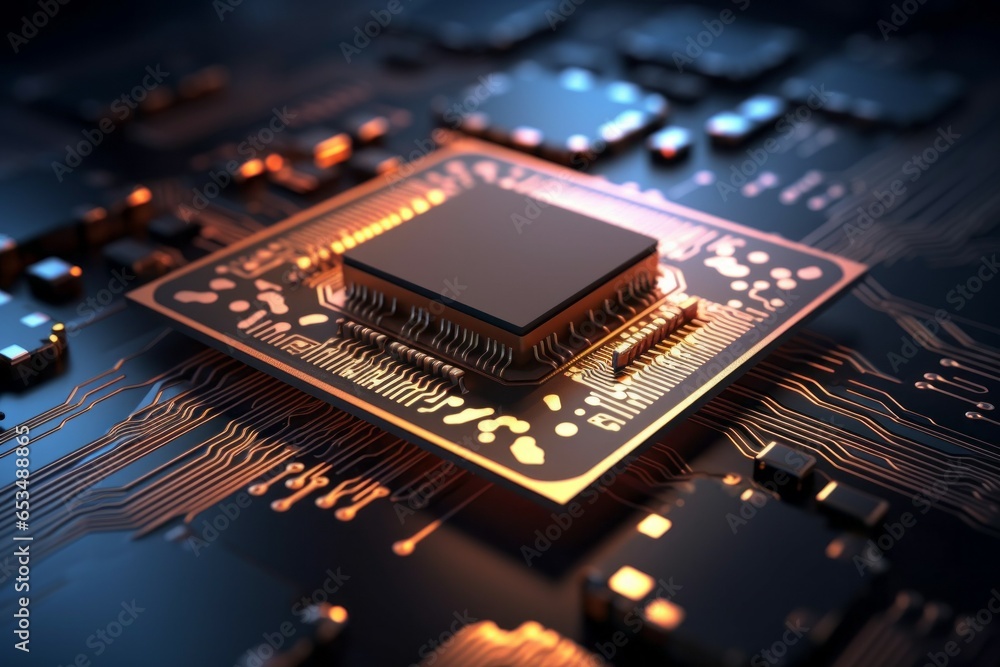 Poster cpu processor or modern chip with selective focus and copy space. power for machine learning ai conc