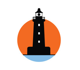 Lighthouse beacon sun sea tower sunset view illustration vector PNG image