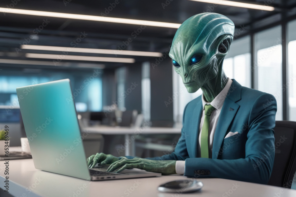 Poster alien with a laptop. portrait with selective focus and copy space