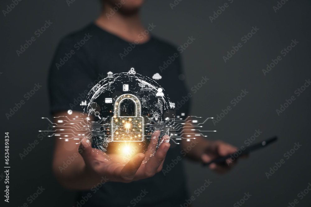 Poster icon of a padlock in the hand of a businessman. the concept of protecting personal data and importan