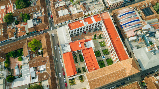 Beautiful aerial view of the rooftops of the old colonial buildings in the city of san cristobal de las Casas on the sunset