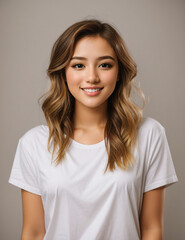 Fototapeta premium Portrait of a beautiful model, plain t-shirt, photo studio, smiling and laughing happily.