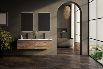 Stylish gray bathroom interior with parquet floor, window with mountain view, dark wall, big bathtub, and white basin with vertical mirrors and wooden vanity. - obrazy, fototapety, plakaty