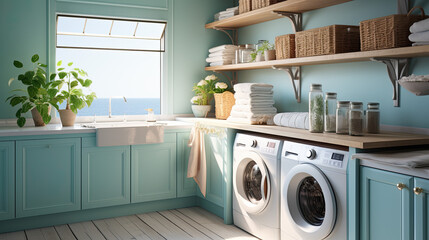 A laundry room with washing machines and shelves on which cleaners stand - obrazy, fototapety, plakaty