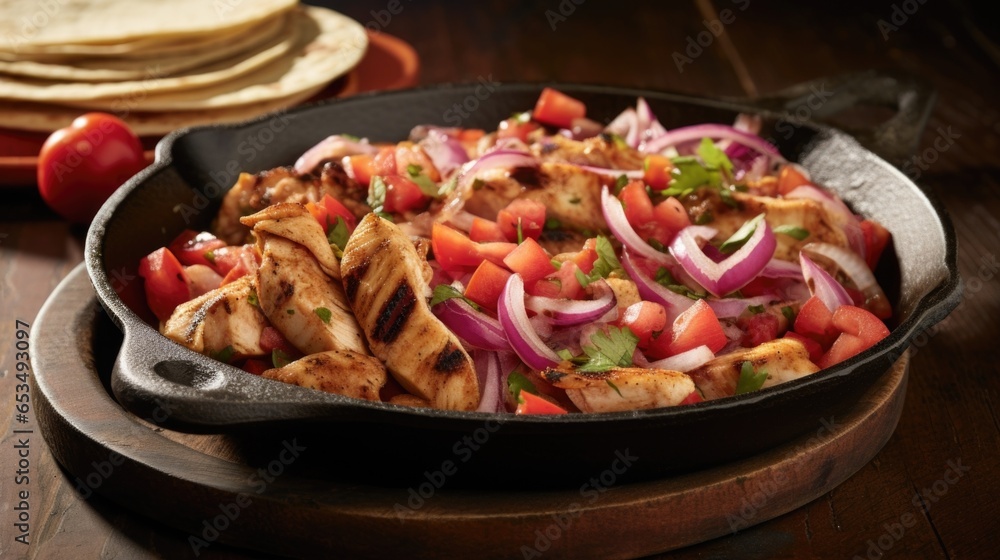 Wall mural A vibrant medley of diced tomatoes and onions sits atop the sizzling chicken fajitas. The natural sweetness of the tomatoes pairs harmoniously with the crunchy bite of the onions, enhancing - Wall murals