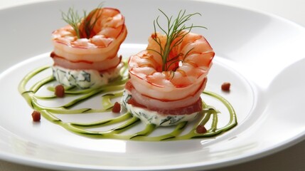 A unique presentation showcases jumbo shrimp wrapped in delicate strands of crispy bacon, accompanied by a refreshing cucumber and dill salad, providing a burst of contrasting flavors and